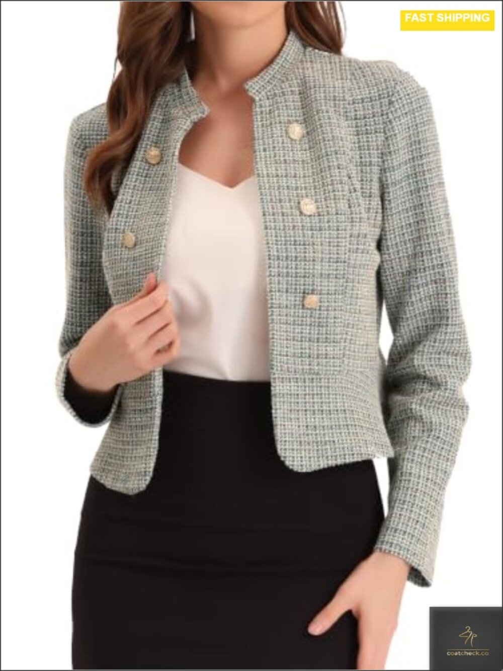 Vintage Tweed Cropped Blazer Business Open Front Women's Jacket